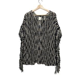 Chico’s Fringe Poncho Sweater Top Black Cream Serape Boho Hippie Casual Size S-M